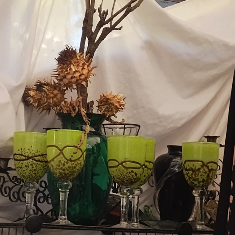hand blown green and copper wine glasses (4)